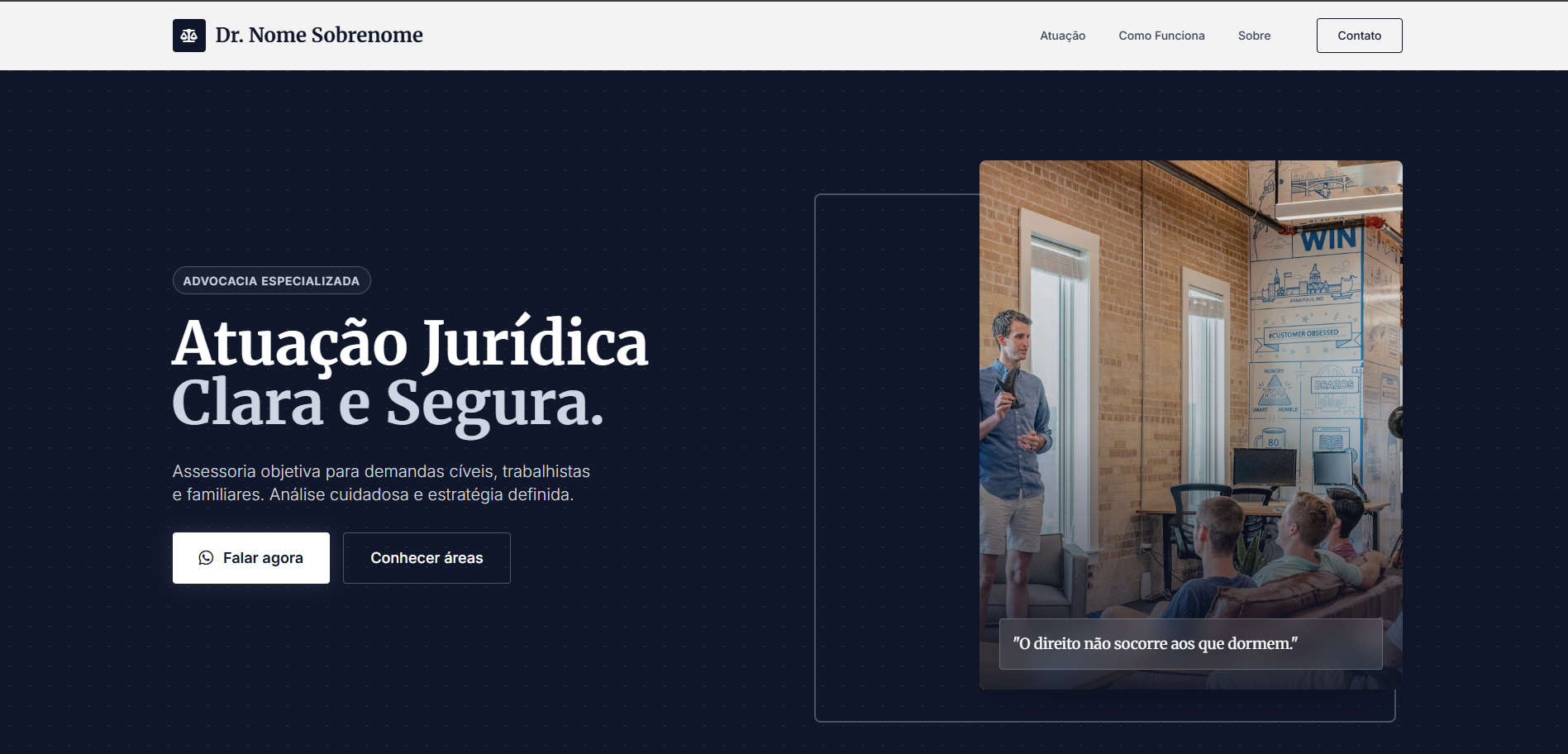 Landing page para escritório de advocacia desenvolvida pela PitStop Digital - Site profissional com áreas de atuação e formulário de contato