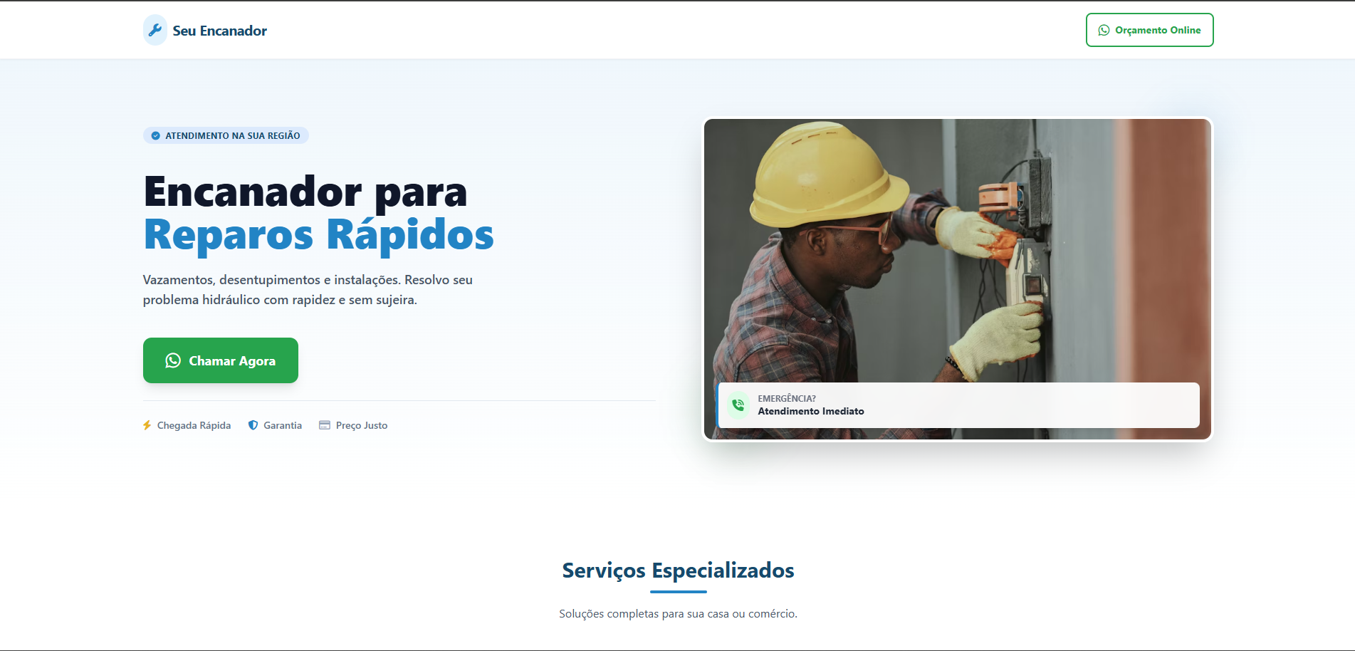 Landing page para serviços de encanador desenvolvida pela PitStop Digital - Site com apresentação de soluções e depoimentos de clientes