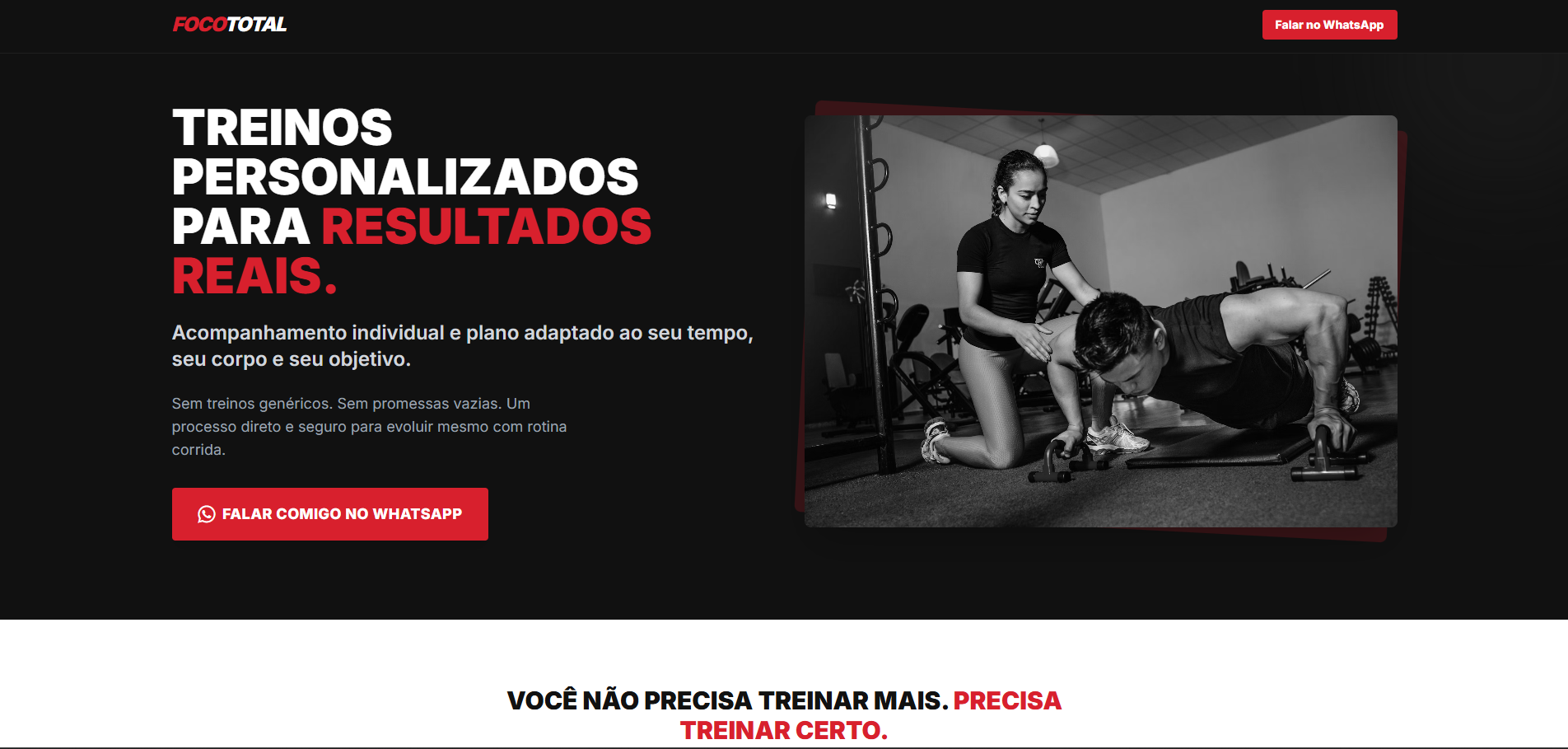 Landing page para personal trainer desenvolvida pela PitStop Digital - Site profissional com apresentação de serviços e contato via WhatsApp